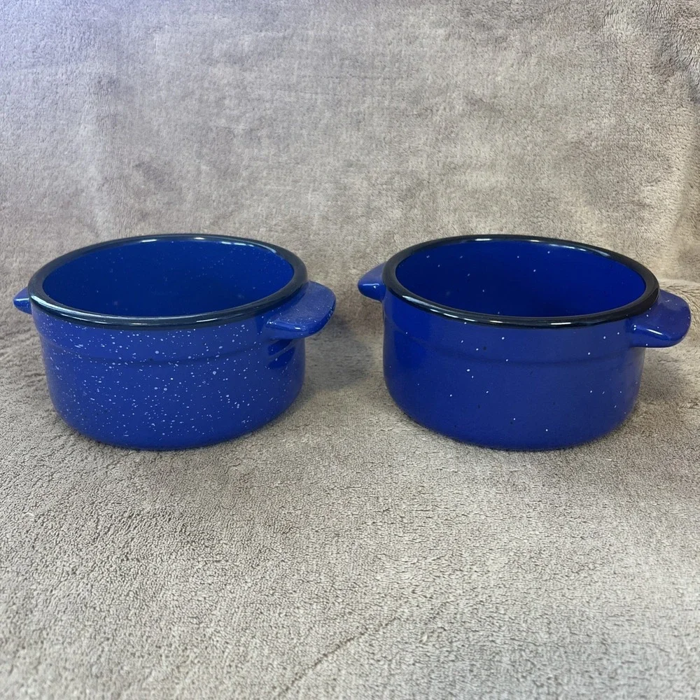 Von Pok & Chang Royal Blue Soup Bowls Stoneware‎ w/Black Rim Set of 2